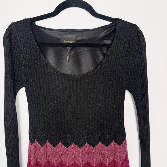 Laundry by Shelli Segal Small S Black Pink Striped Knit Long Sleeve Dress Scoop - Picture 3 of 8